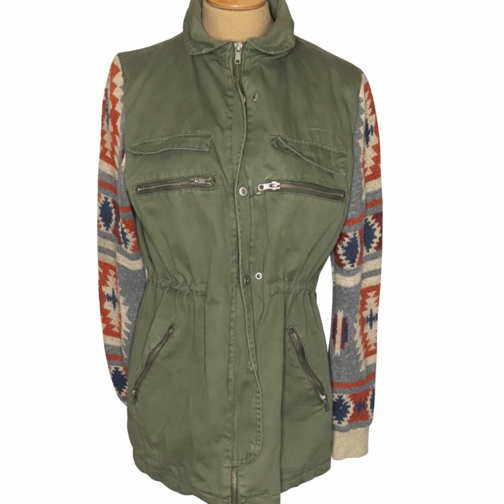 Quinn Olive Utility Jacket with Southwestern Knit Sleeves